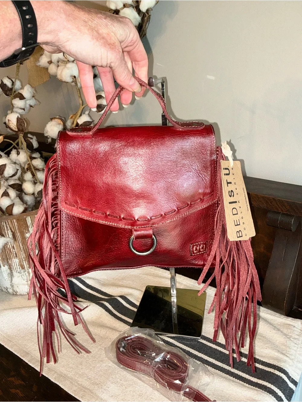 NWT Bed Stu Fringe Leather Hidden Crossbody Bag Handbag Cherry Lacquer MSRP $249 - Picture 8 of 14